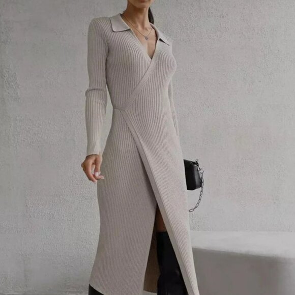 Tied Collared Neck Long Sleeve Sweater Dress - Picture 1 of 11